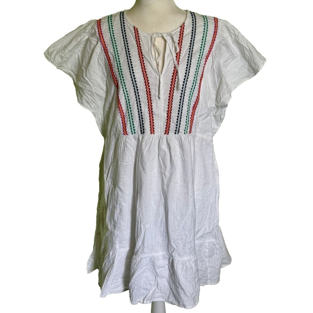 Women‎ Boho White Embroidered Peasant Tunic Top Flutter Sleeve Tie Neck Size 2XL